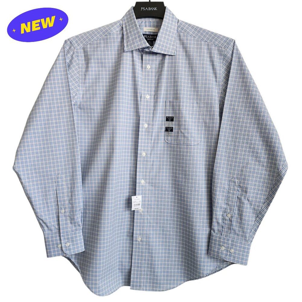 16.5 34/35 Blue Dress Shirt Jos A Bank Traveler New Yellow Check Tailored Fit Sz